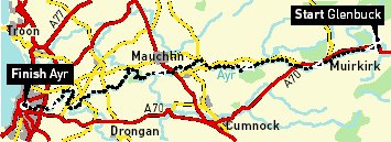 Route of River Ayr Way from Glenbuck through Muirkirk to Ayr